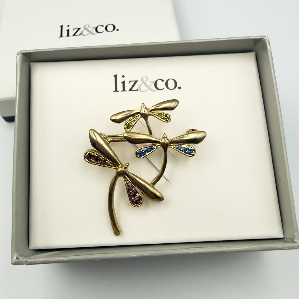 Liz & Co Dragonfly Brooch Gold Tone Rhinestone Triple Insect Pin Colorful Boxed